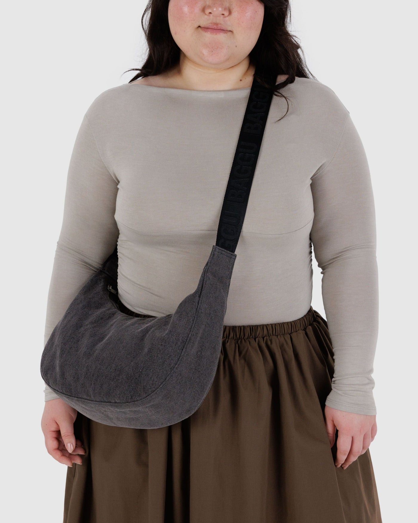 Medium Denim Crescent Bag - Washed Black Denim